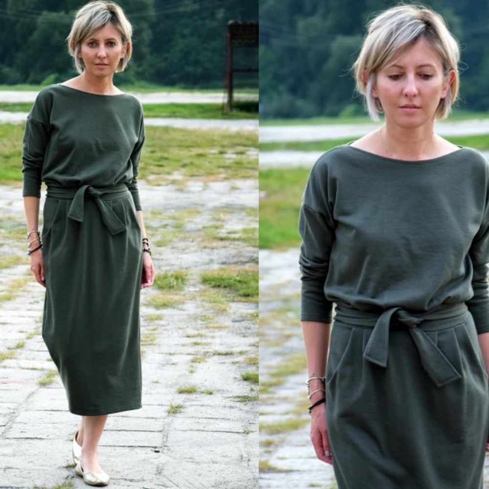 Sisters "Nina" 100% Cotton Maxi Dress in Khaki with sleeves, pockets, and belt!